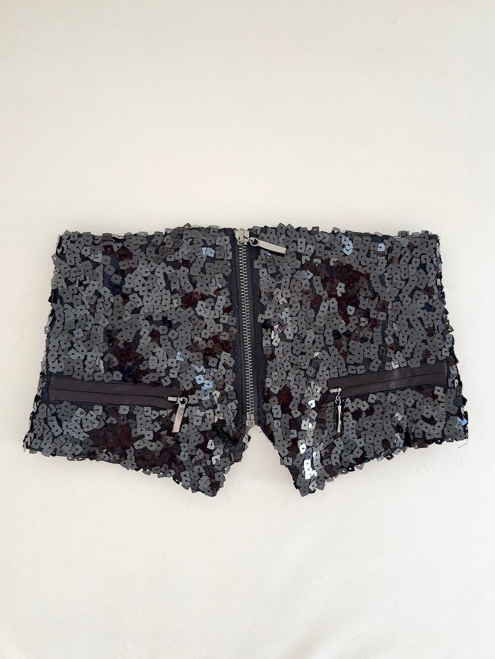 Vintage Y2K Bebe Black Sequin Underbust Corset Belt Moto Zipper Cincher S OFAK